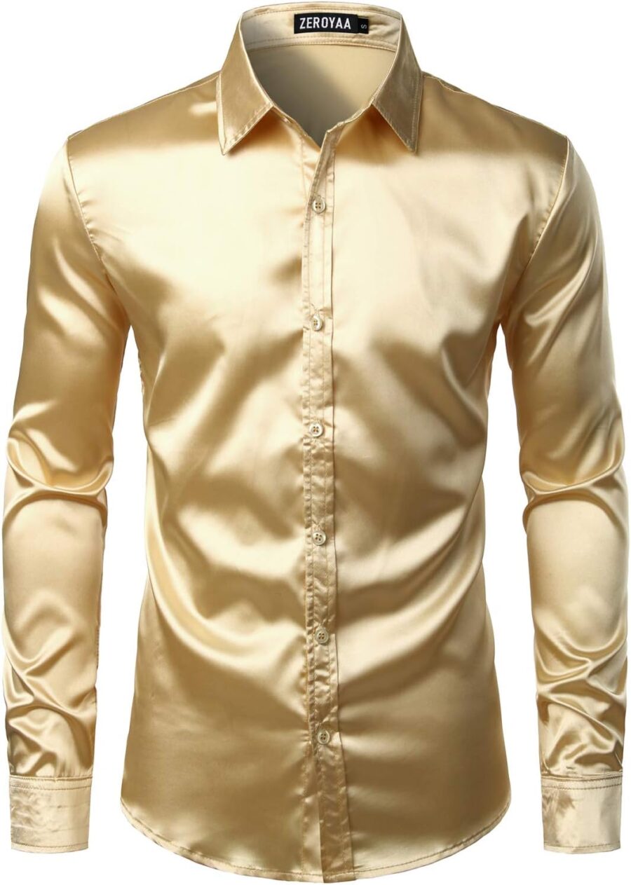 ZEROYAA Men's Luxury Shiny Silk Like Satin Button Up Dress Shirts