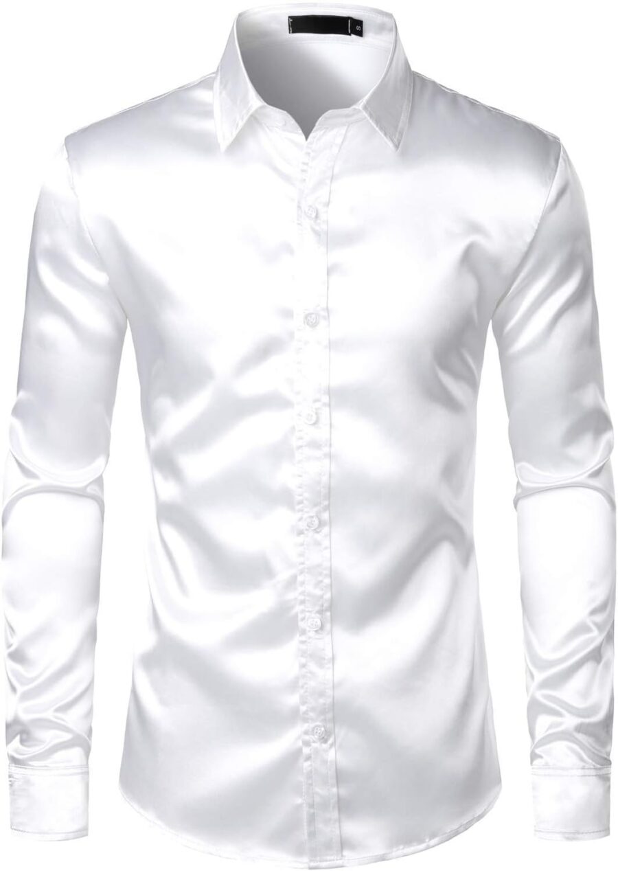 ZEROYAA Men's Luxury Shiny Silk Like Satin Button Up Dress Shirts