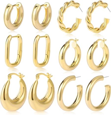 6 Pairs Chunky Gold Hoop Earrings Set for Women