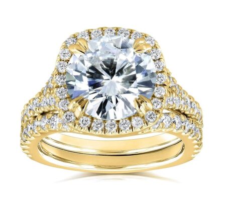 Kobelli Round Forever One Moissanite Cushion Halo Bridal Wedding Set 4 CTW 14k Yellow Gold