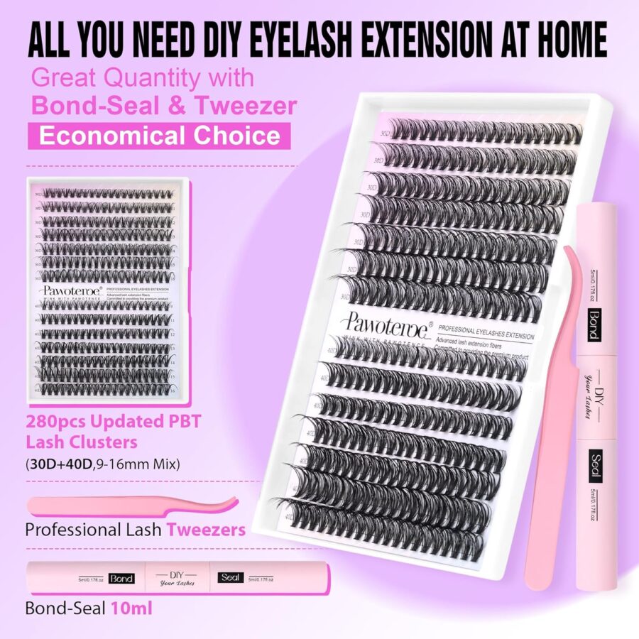 Pawotence Lash Extension Kit DIY 280pcs Lash Clusters Eyelash Extension Kit